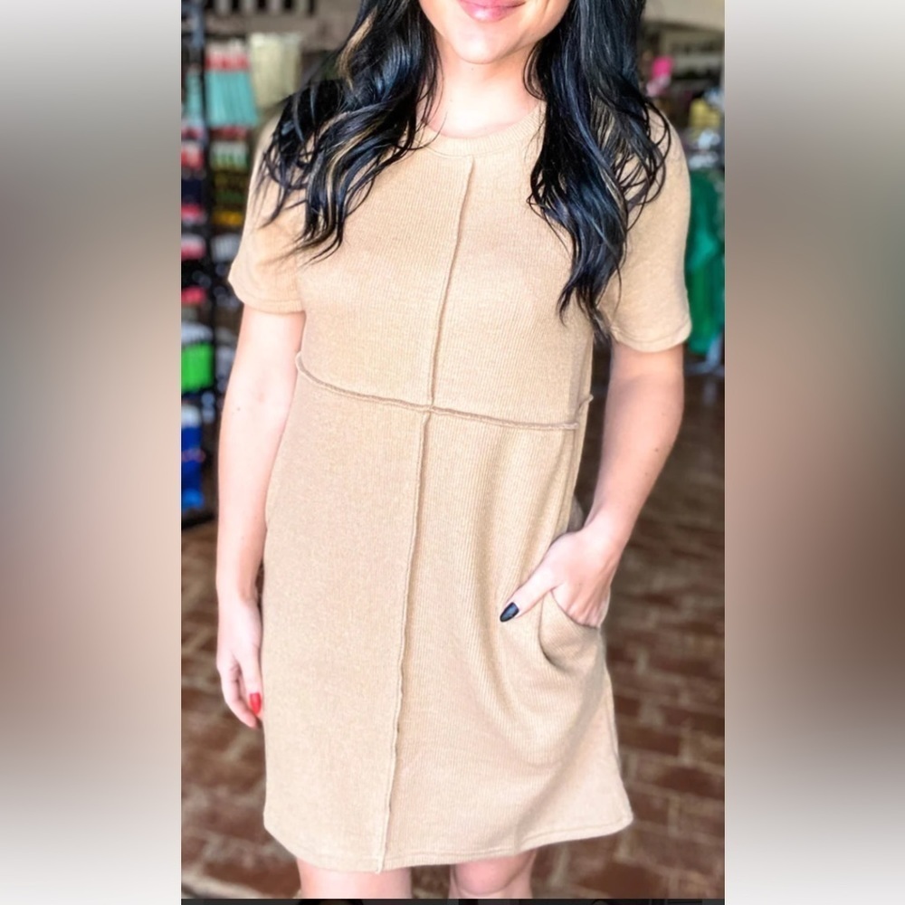 New in tan short sleeve mini crew neck dress with pockets raw criss cross detail